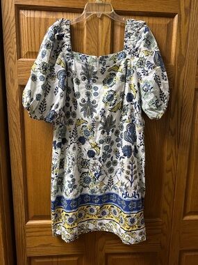 Anne Klein White Mini Dress with Blue and Yellow Floral Pattern
